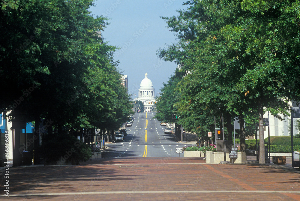 Downtown Little Rock view of Arkansas State Capitol with tree-lined street in the foreground.