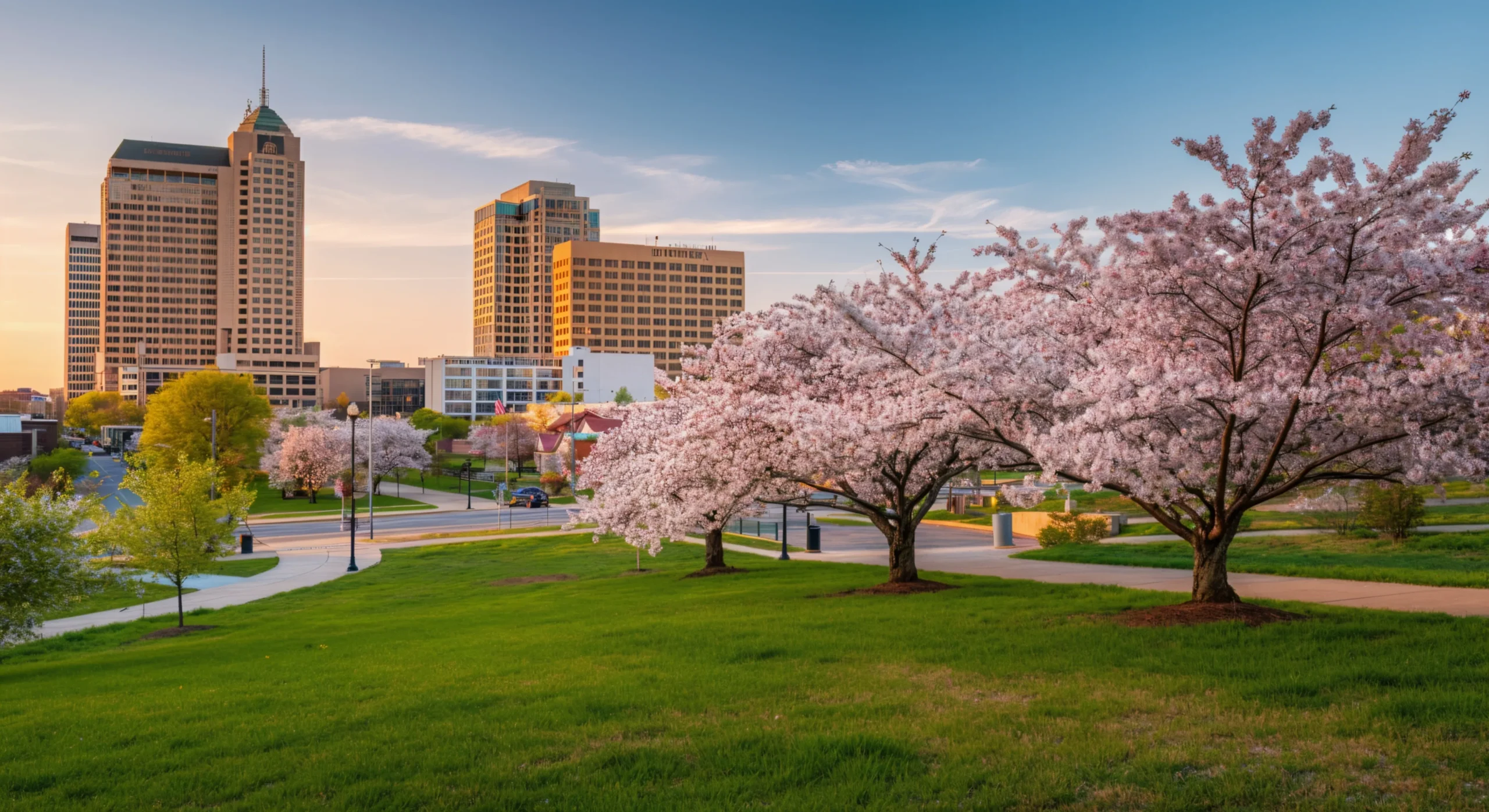 Indianapolis skyline with cherry blossom trees in the foreground on a sunny spring day.