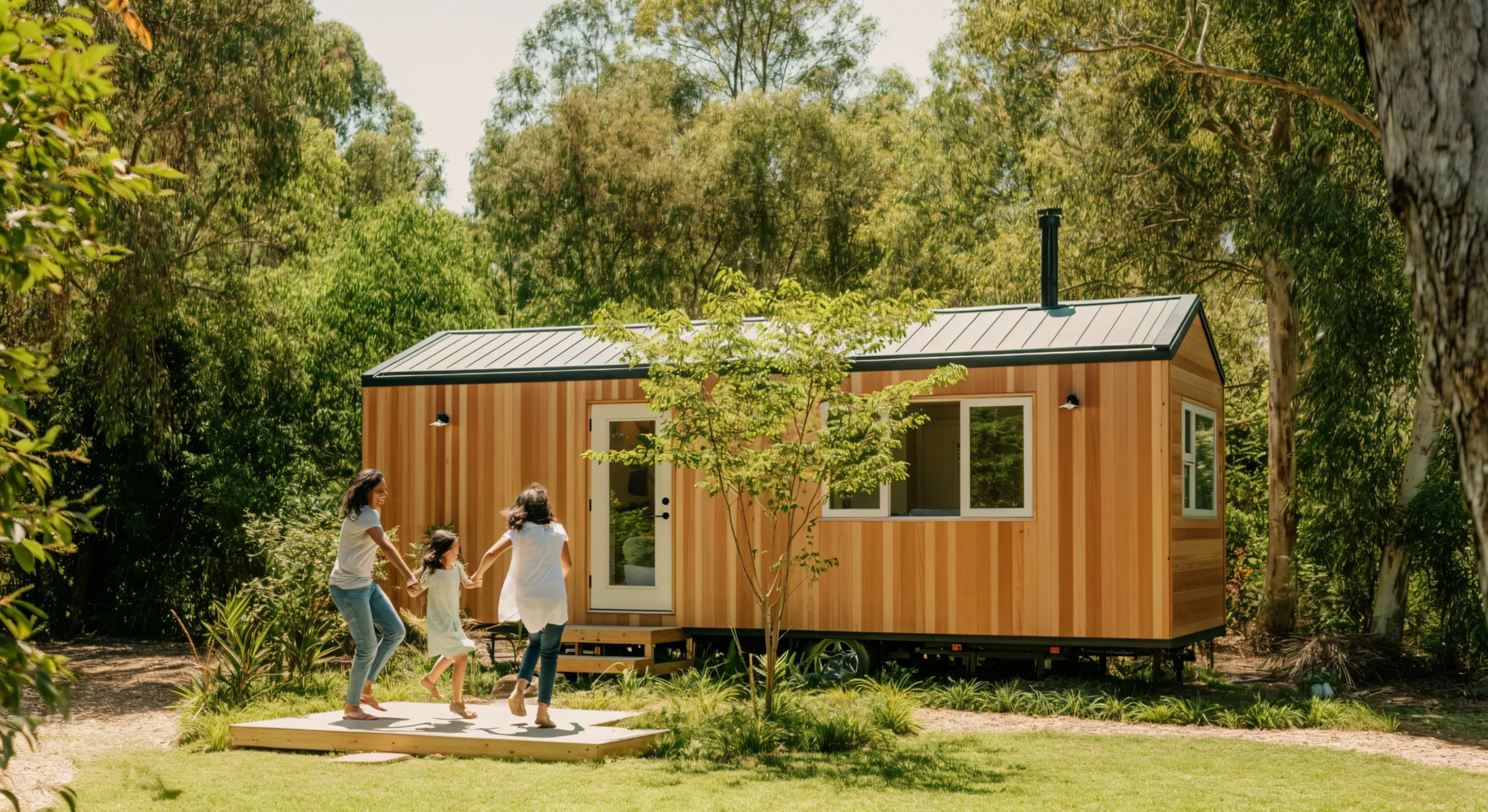 Family enjoying outdoor time near a contemporary tiny house with wooden siding in a forest.