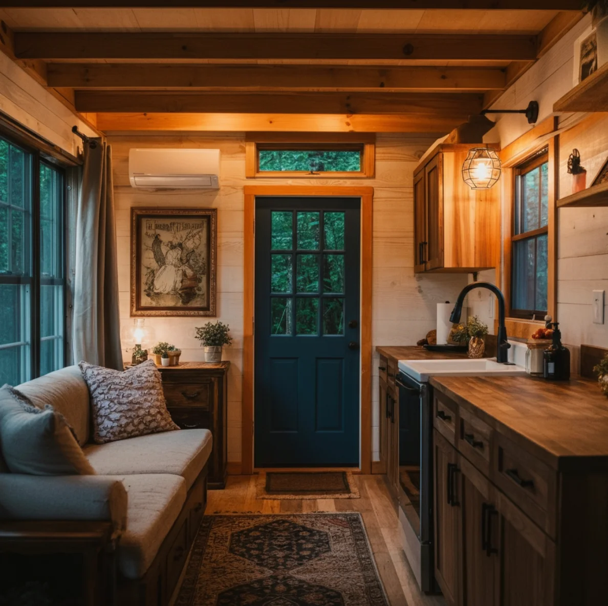 Cozy tiny home interior with a wooden kitchen, seating area, and warm ambient lighting.