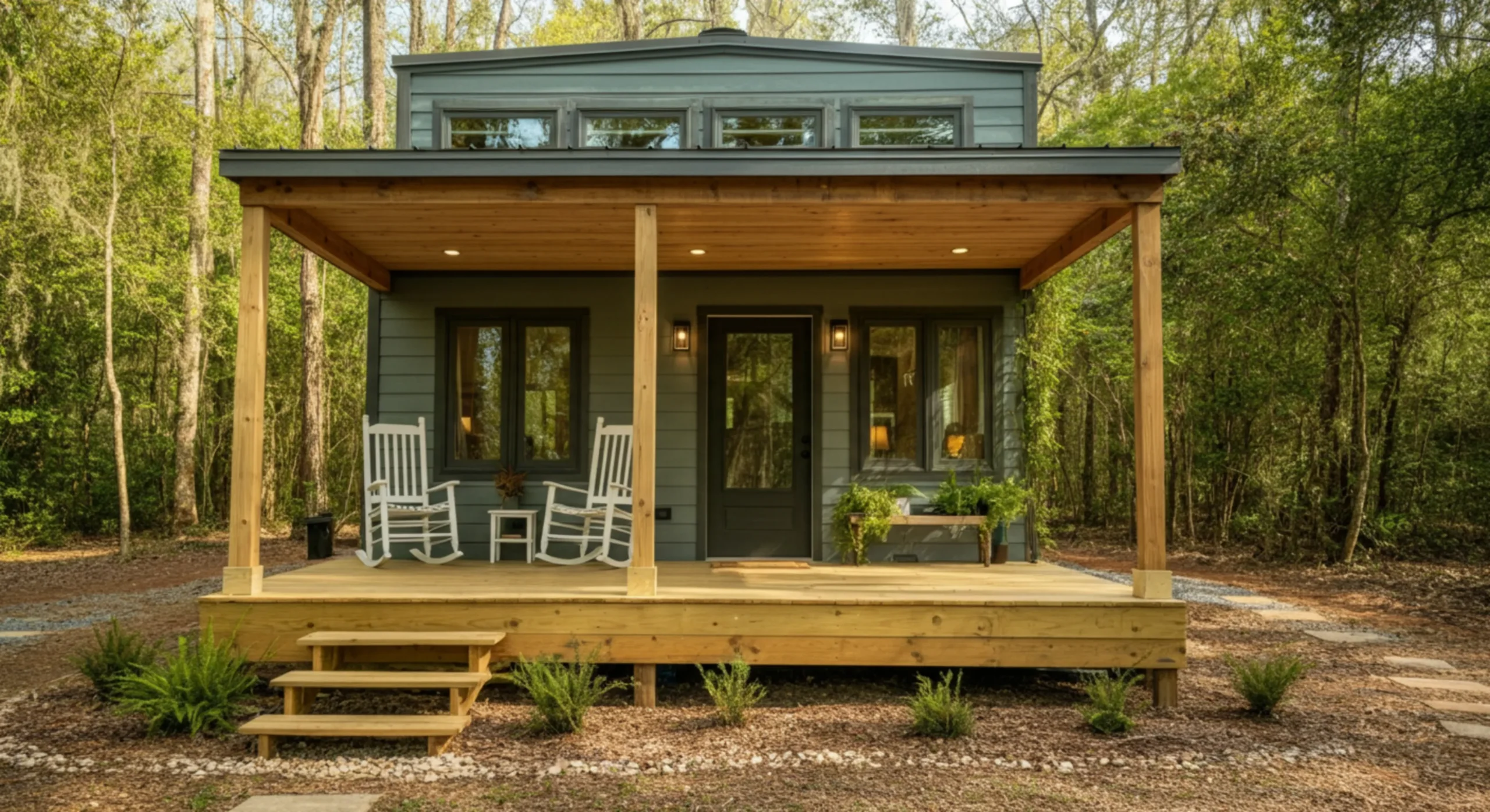 Charming tiny home with blue-grey exterior, inviting porch, and white rocking chairs set in a green forest environment.