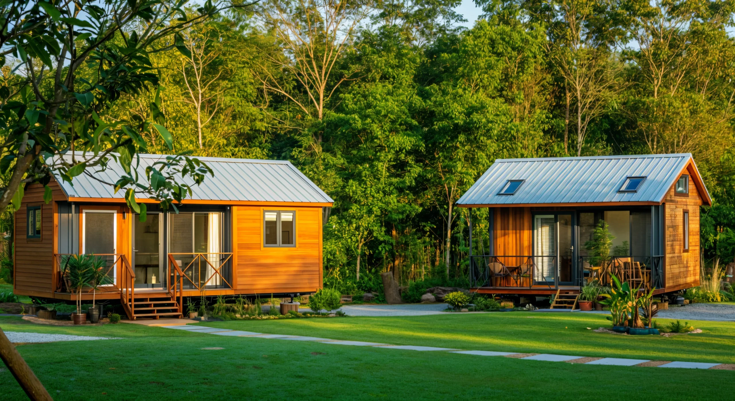 Two modern wooden tiny homes in a garden with large trees, featuring porches and large windows for sustainable living.